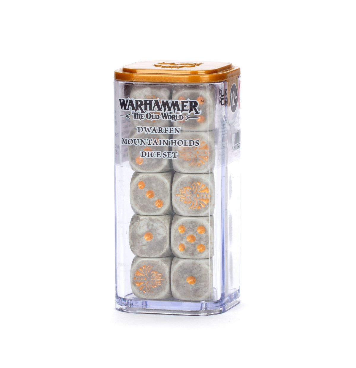 A clear plastic case with an orange lid holds gray, stone-patterned Dwarfen Mountain Holds dice, showing orange pips and sun-like emblems. The front reads “WARHAMMER THE OLD WORLD” and “DWARFEN MOUNTAIN HOLDS DICE SET”.