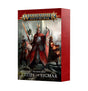 A red rectangular card-pack box shown at an angle, with its illustrated front and patterned red side visible. The front depicts armored fantasy warriors and reads “WARHAMMER AGE OF SIGMAR,” “FACTION PACK,” and “CITIES OF SIGMAR.”