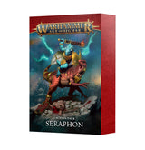 A red Faction Pack: Seraphon card box shown from the front and right side. The front reads “WARHAMMER AGE OF SIGMAR” and “FACTION PACK SERAPHON” above a blue, gold-armored reptilian warrior riding a red dinosaur amid lightning.