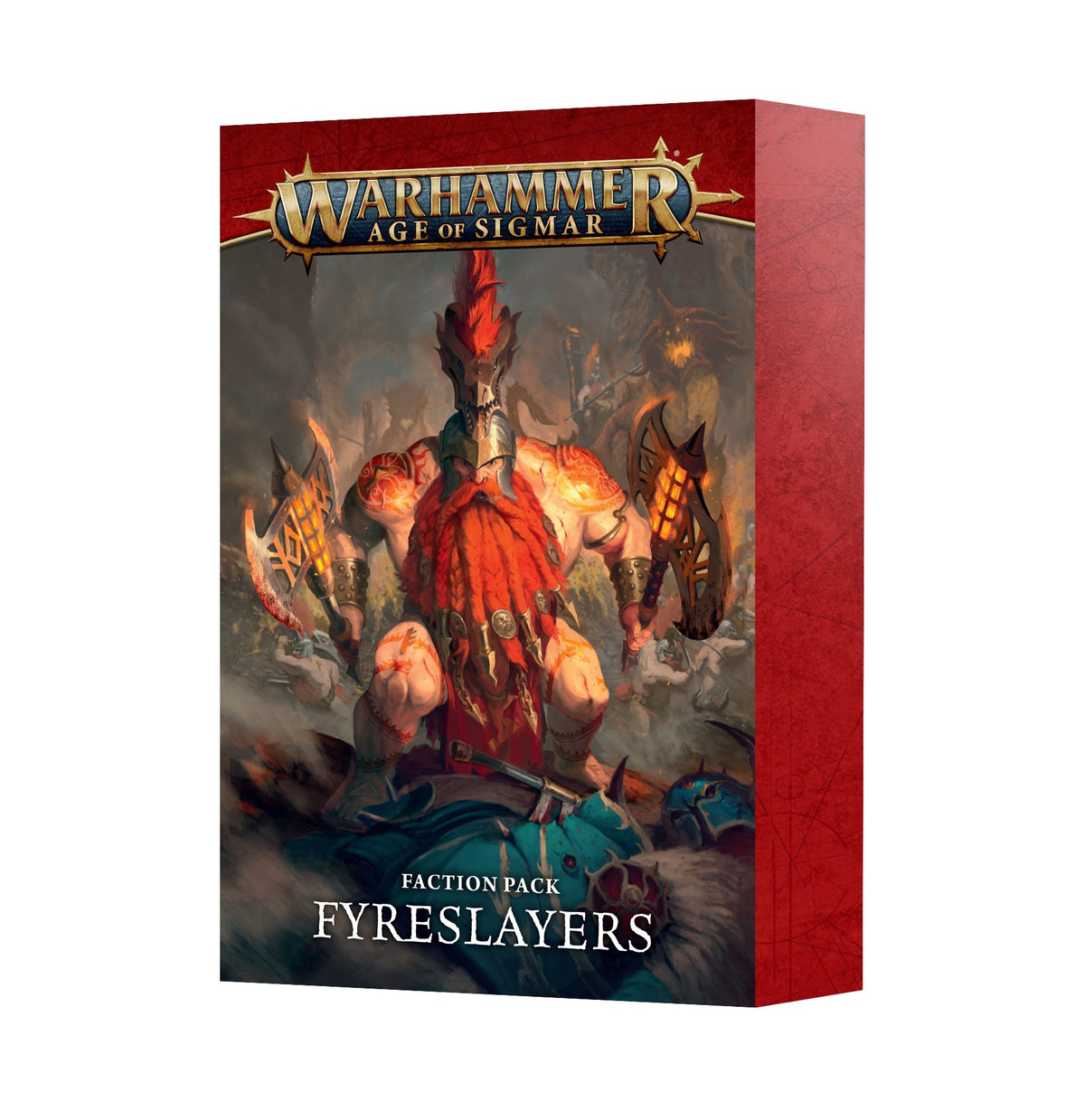 A red-sided box for the Fyreslayers faction card pack, shown at an angle with a front illustration of a red-bearded armored warrior holding weapons. The cover reads “WARHAMMER AGE OF SIGMAR,” “FACTION PACK” and “FYRESLAYERS.”