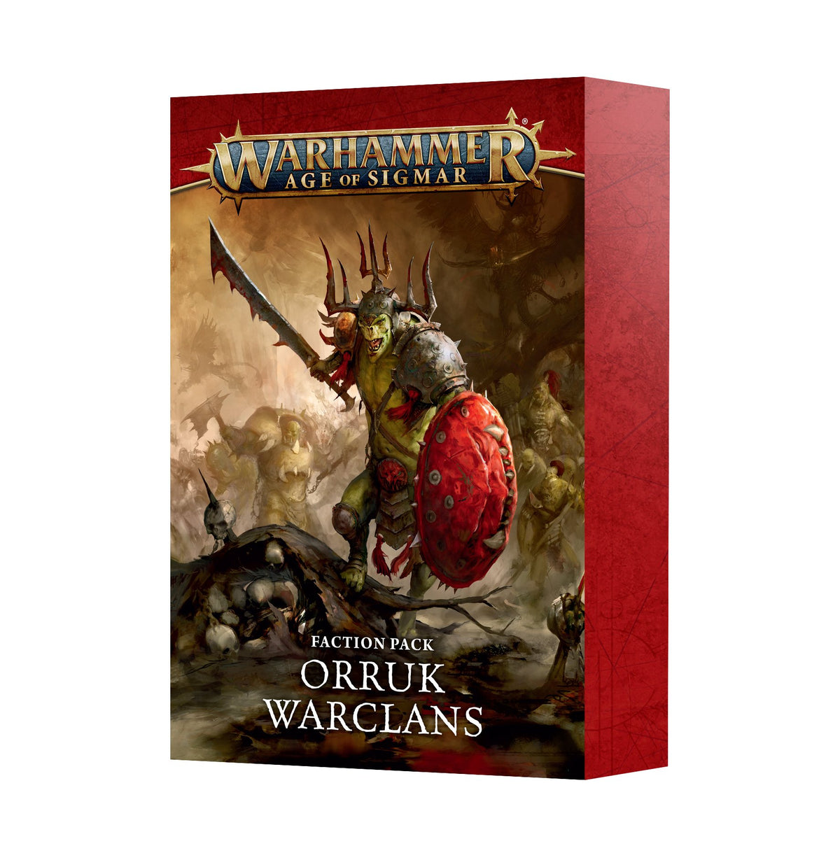 A red-sided Faction Pack: Orruk Warclans card box shown at an angle. The front depicts an armored green-skinned warrior holding a sword and red shield, with “WARHAMMER AGE OF SIGMAR” and “FACTION PACK ORRUK WARCLANS” on the cover.