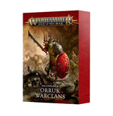 A red-sided Faction Pack: Orruk Warclans card box shown at an angle. The front depicts an armored green-skinned warrior holding a sword and red shield, with “WARHAMMER AGE OF SIGMAR” and “FACTION PACK ORRUK WARCLANS” on the cover.