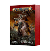 A rectangular red-edged Faction Pack box shown from the front and right side. The front features a towering armored giant wielding a weapon above a battlefield, with the text “WARHAMMER AGE OF SIGMAR” and “FACTION PACK SONS OF BEHEMAT.”