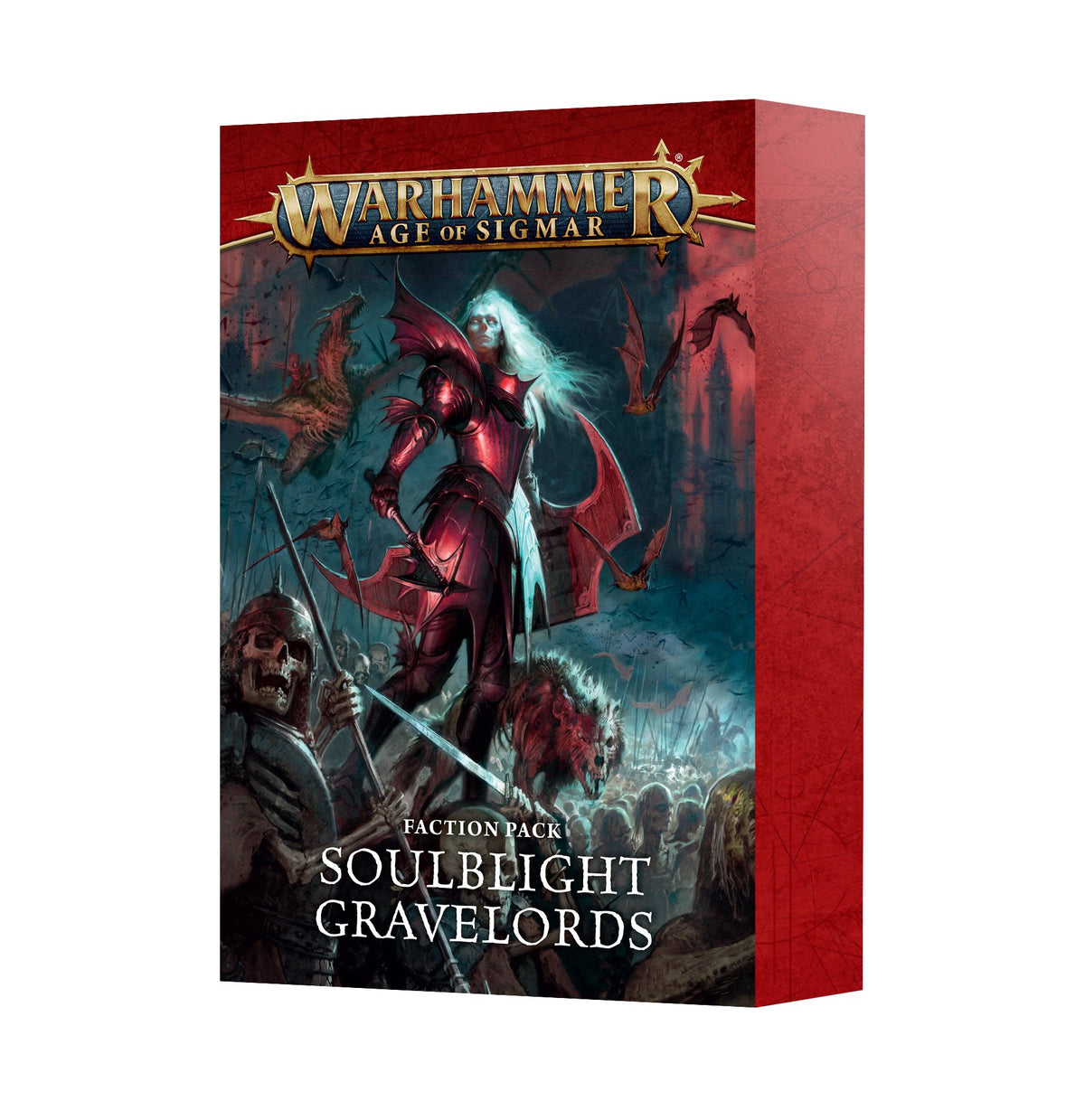 Red Faction Pack box shown from the front and right side, with artwork of a pale, white-haired figure in dark red armor above an undead army. The front reads “WARHAMMER AGE OF SIGMAR” and “FACTION PACK SOULBLIGHT GRAVELORDS.”