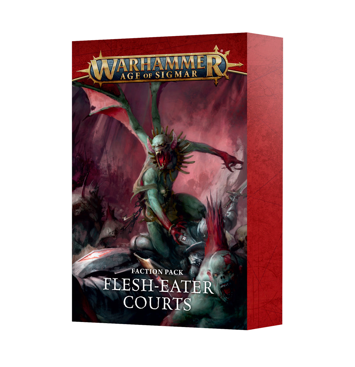 A red Faction Pack box shown at an angle, with a front illustration of a snarling, pale green winged creature looming over other figures and a patterned red side panel. The front reads “WARHAMMER AGE OF SIGMAR” and “FACTION PACK FLESH-EATER COURTS”.