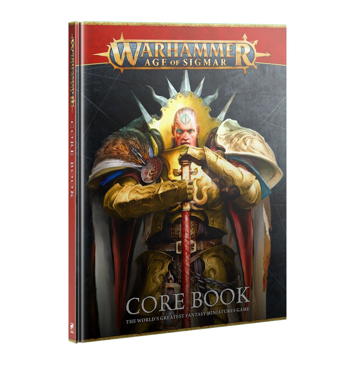 Hardcover book shown at an angle with its front cover and red spine visible. The cover depicts a crowned, gold-armored warrior holding a sword against a dark background, with the titles “WARHAMMER AGE OF SIGMAR” and “CORE BOOK.”
