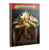 Hardcover book shown at an angle with its front cover and red spine visible. The cover depicts a crowned, gold-armored warrior holding a sword against a dark background, with the titles “WARHAMMER AGE OF SIGMAR” and “CORE BOOK.”