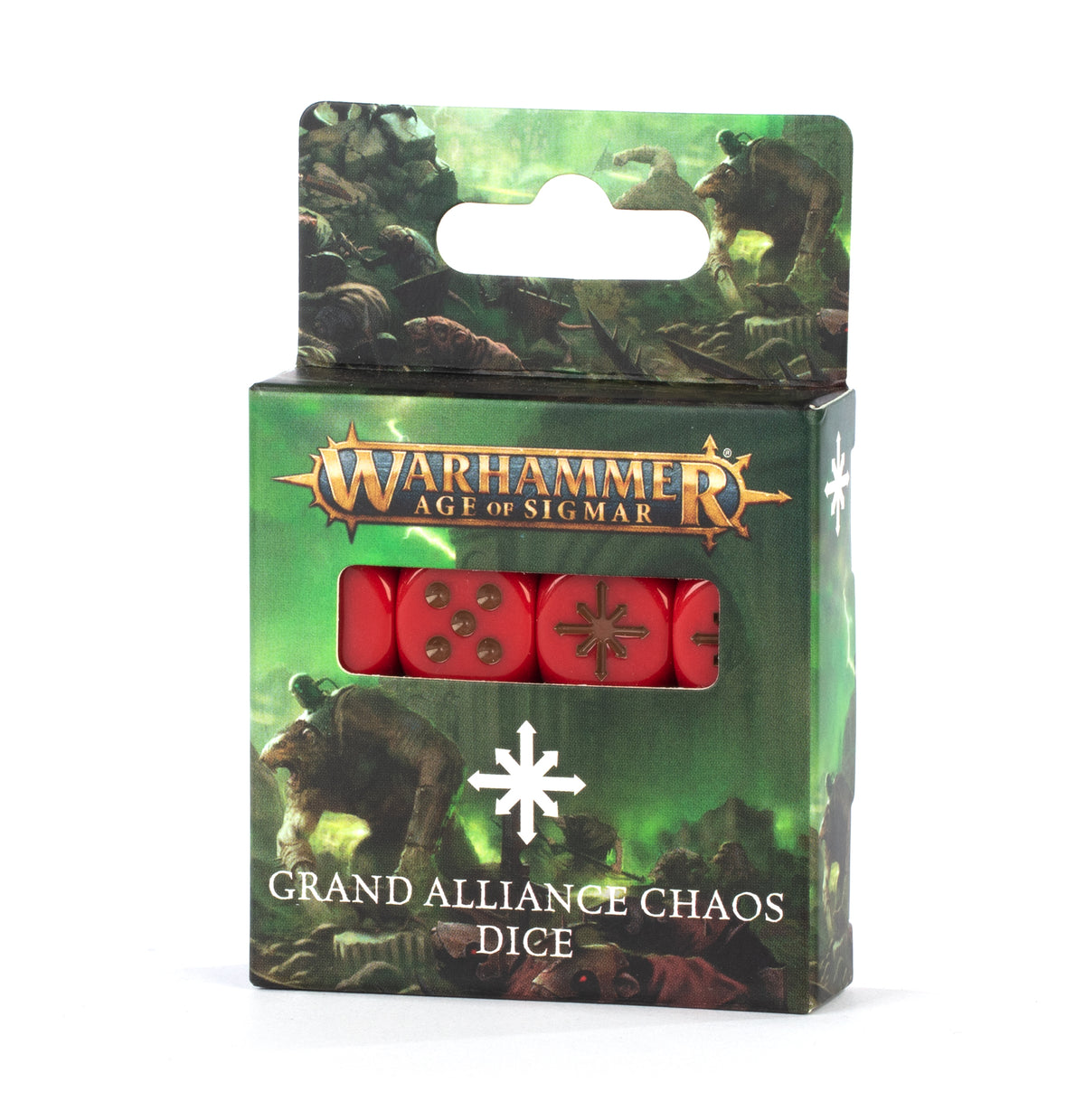 Green illustrated Warhammer Age of Sigmar package displaying red dice with dark pips and a dark starburst symbol through a front window. The front reads “WARHAMMER AGE OF SIGMAR” and “GRAND ALLIANCE CHAOS DICE.”