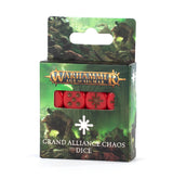 Green illustrated Warhammer Age of Sigmar package displaying red dice with dark pips and a dark starburst symbol through a front window. The front reads “WARHAMMER AGE OF SIGMAR” and “GRAND ALLIANCE CHAOS DICE.”