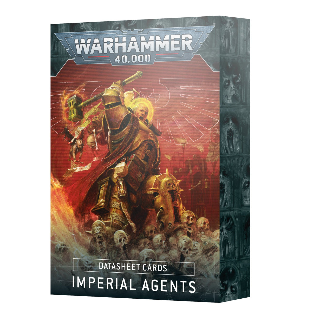 A rectangular Warhammer 40,000 card set box shown at an angle, with a red-and-gold armored figure amid skulls on the front and dark monochrome faces along the right side. The front reads “WARHAMMER 40,000,” “DATASHEET CARDS,” and “IMPERIAL AGENTS.”