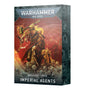 A rectangular Warhammer 40,000 card set box shown at an angle, with a red-and-gold armored figure amid skulls on the front and dark monochrome faces along the right side. The front reads “WARHAMMER 40,000,” “DATASHEET CARDS,” and “IMPERIAL AGENTS.”