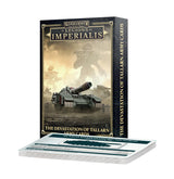 A standing black-and-gold box and a stack of white reference cards show the Legions Imperialis Devastation of Tallarn Army Cards. The box depicts armored sci-fi vehicles and soldiers, with “WARHAMMER THE HORUS HERESY” and “LEGIONS IMPERIALIS” on the front.