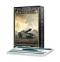A standing black-and-gold box and a stack of white reference cards show the Legions Imperialis Devastation of Tallarn Army Cards. The box depicts armored sci-fi vehicles and soldiers, with “WARHAMMER THE HORUS HERESY” and “LEGIONS IMPERIALIS” on the front.