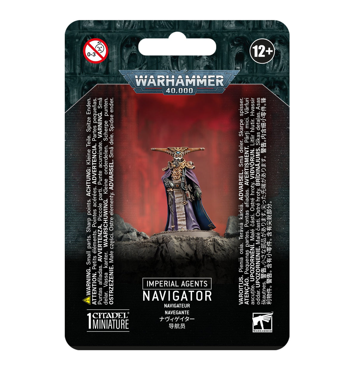 Warhammer 40,000 Imperial Agents Navigator miniature shown on a black and red retail backing card. The figure wears ornate gold details and a purple cloak, standing on a rocky base; the card reads “IMPERIAL AGENTS” and “NAVIGATOR.”