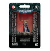 Warhammer 40,000 Imperial Agents Navigator miniature shown on a black and red retail backing card. The figure wears ornate gold details and a purple cloak, standing on a rocky base; the card reads “IMPERIAL AGENTS” and “NAVIGATOR.”