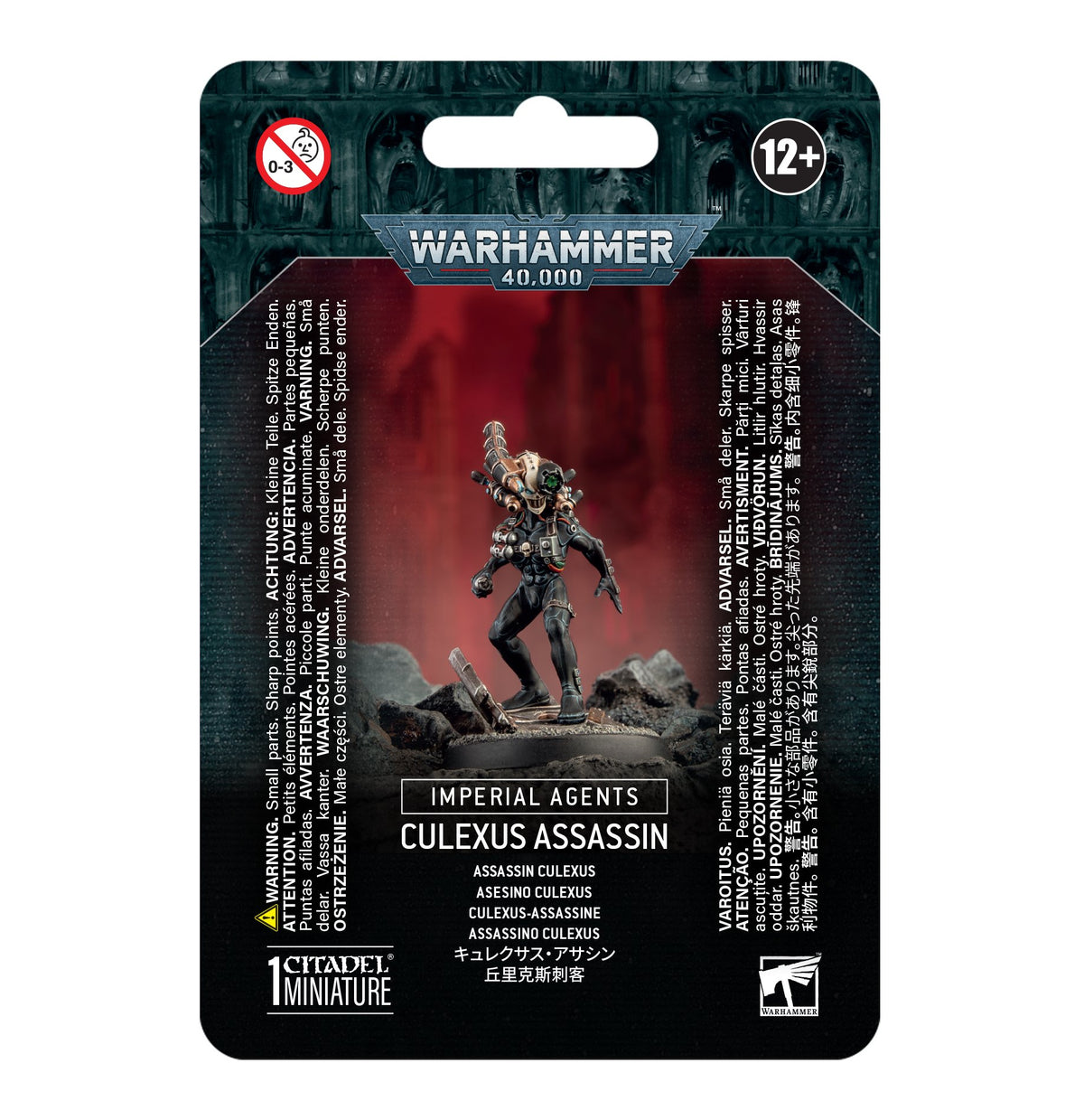 Front of a dark teal and black Warhammer package with a Culexus Assassin miniature in dark armor, posed on a rocky base against a red backdrop. The card reads “WARHAMMER 40,000,” “IMPERIAL AGENTS” and “CULEXUS ASSASSIN.”