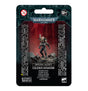 Front of a dark teal and black Warhammer package with a Culexus Assassin miniature in dark armor, posed on a rocky base against a red backdrop. The card reads “WARHAMMER 40,000,” “IMPERIAL AGENTS” and “CULEXUS ASSASSIN.”