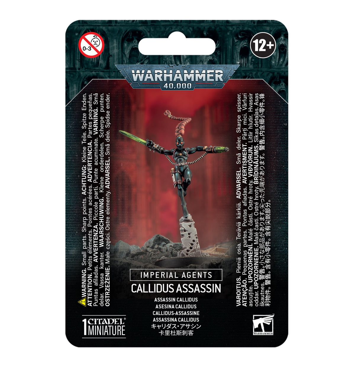 Retail card package for a Callidus Assassin miniature, showing a dark-armored figure leaping above rocky rubble against a red background and holding a bright green blade. Text reads “WARHAMMER 40,000,” “IMPERIAL AGENTS,” and “CALLIDUS ASSASSIN.”