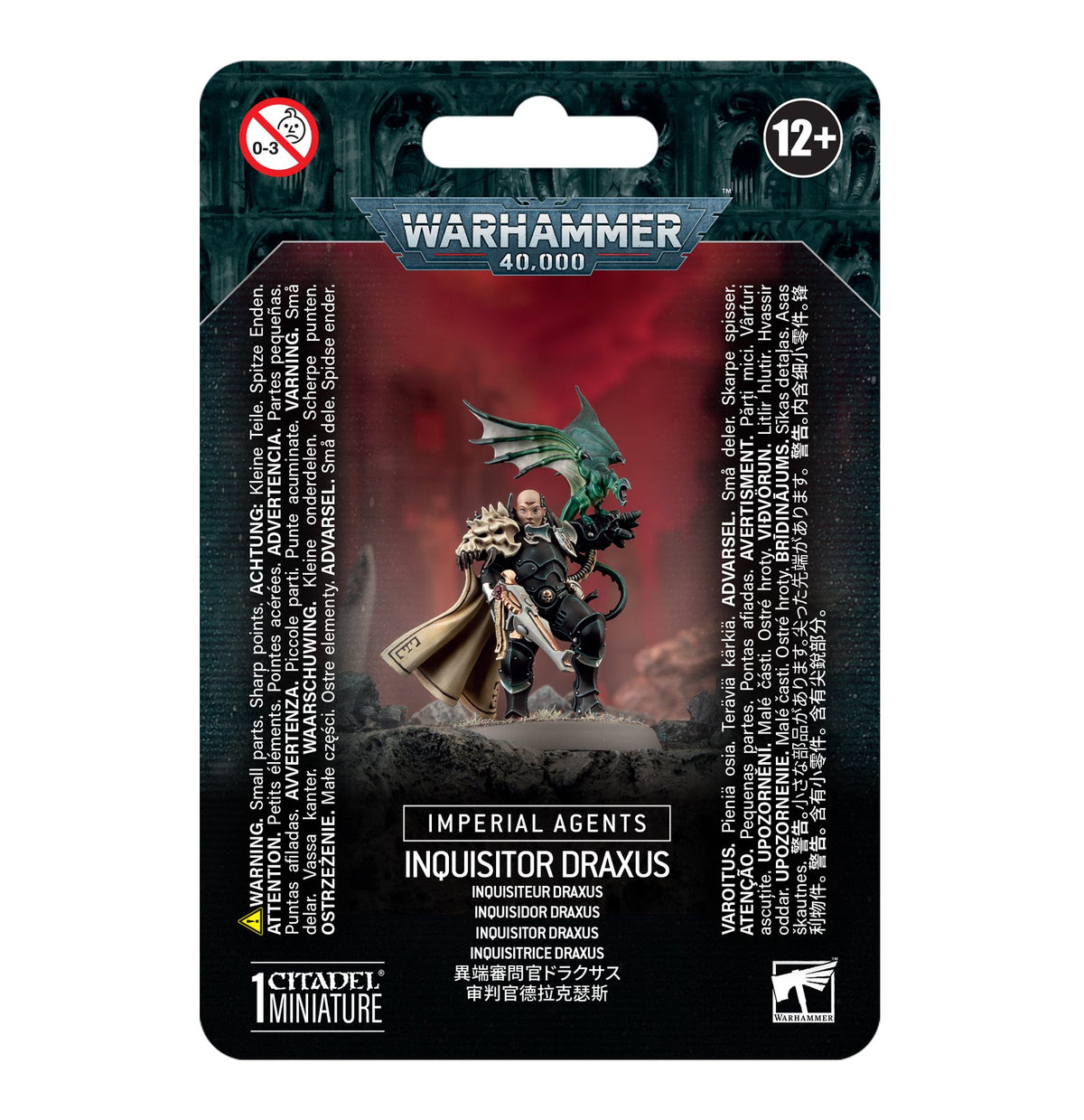 Front of a black and deep red Warhammer miniature package showing an armored Inquisitor Draxus with a pale cape and weapon, alongside a green winged familiar. The card reads “WARHAMMER 40,000,” “IMPERIAL AGENTS” and “INQUISITOR DRAXUS.”