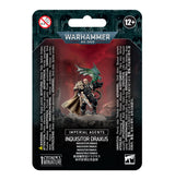 Front of a black and deep red Warhammer miniature package showing an armored Inquisitor Draxus with a pale cape and weapon, alongside a green winged familiar. The card reads “WARHAMMER 40,000,” “IMPERIAL AGENTS” and “INQUISITOR DRAXUS.”