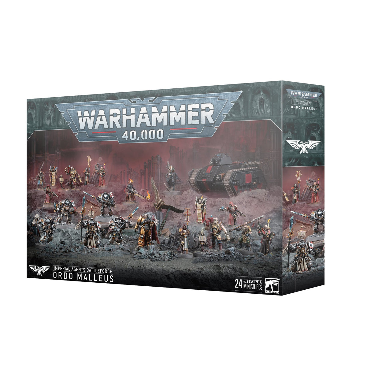 Imperial Agents Battleforce Ordo Malleus box shown from the front and right side, with dark red and gray artwork of armored figures, robed agents and a tank. The front reads “WARHAMMER 40,000,” “ORDO MALLEUS” and “24 CITADEL MINIATURES.”