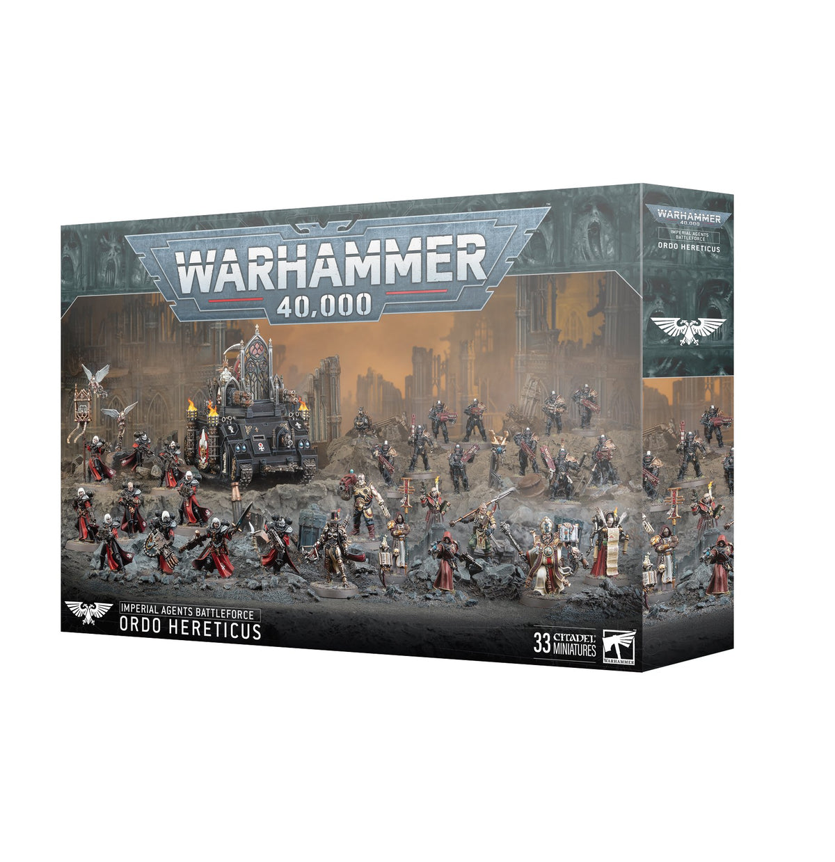 Angled view of a dark gray-green Warhammer 40,000 box, with front and right side visible. The front shows a large group of armored figures and a vehicle in a ruined city; text reads “WARHAMMER 40,000,” “IMPERIAL AGENTS BATTLEFORCE ORDO HERETICUS” and “33 CITADEL MINIATURES.”