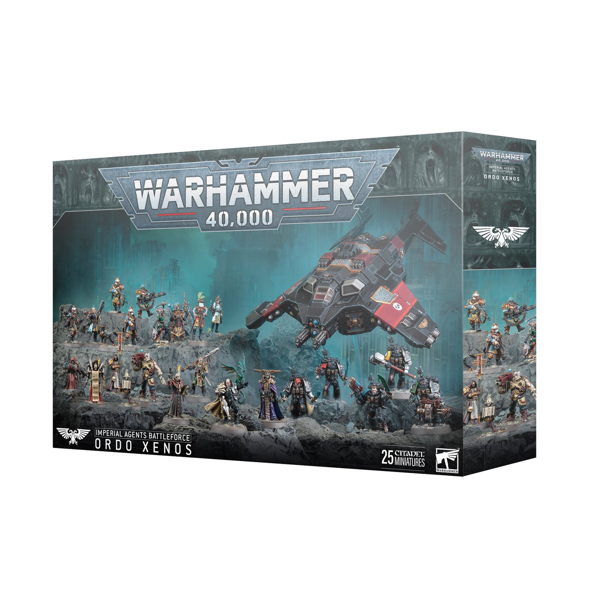 A rectangular Warhammer 40,000 miniatures box shown from the front and right side, with artwork of armored figures and a large gray-and-red aircraft against a teal battlefield. The front reads “IMPERIAL AGENTS BATTLEFORCE ORDO XENOS” and “25 CITADEL MINIATURES.”