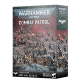 Angled box for Warhammer 40,000: Combat Patrol – Imperial Agents, with a large group of detailed sci-fi miniatures on a rocky battlefield across the front and a dark gray side panel. The box reads “WARHAMMER 40,000,” “COMBAT PATROL,” and “33 CITADEL MINIATURES.”