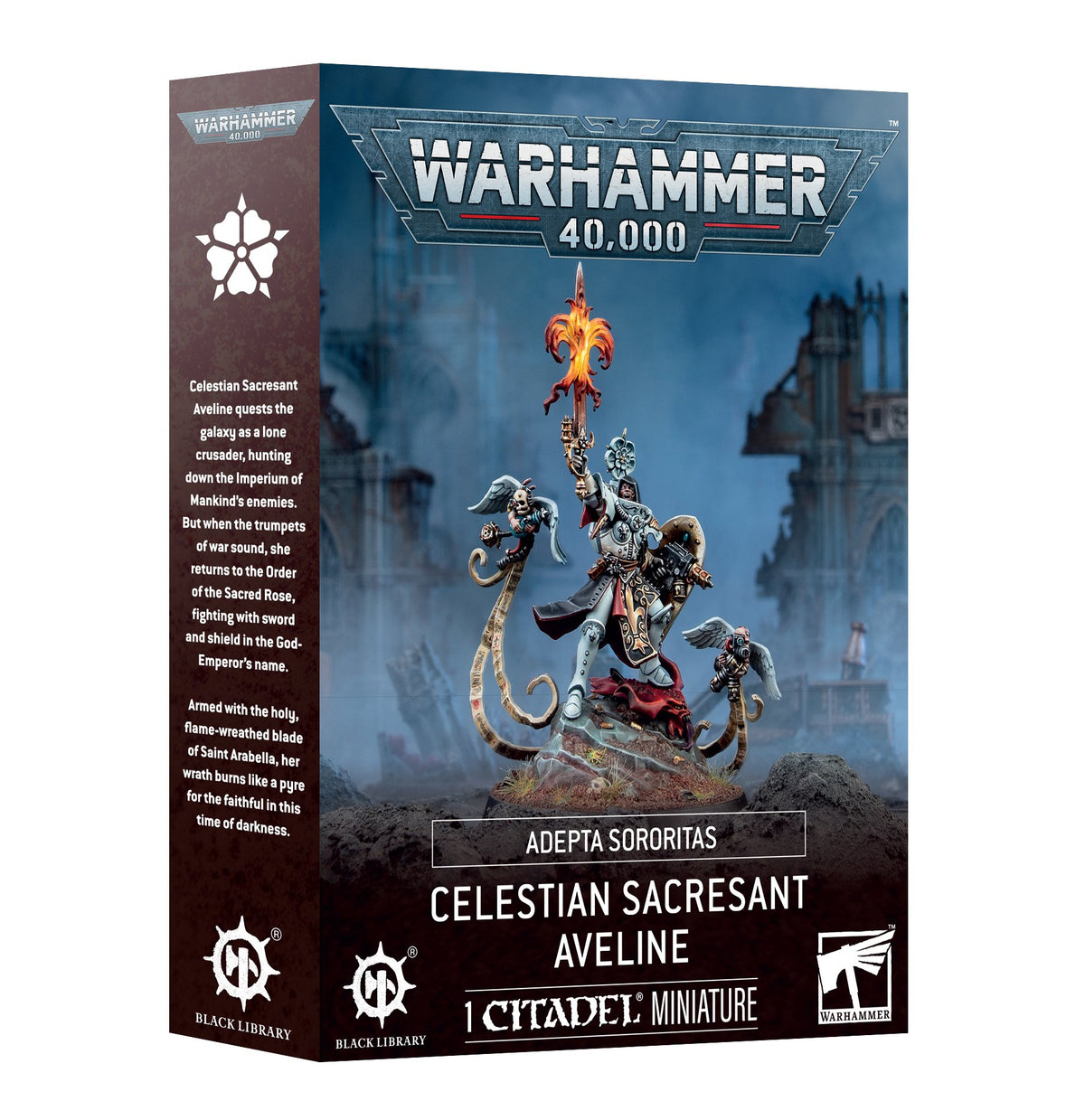 Angled Warhammer 40,000 miniature box with a blue-gray front showing an armored woman raising a flaming sword above a scenic base, with smaller figures beside her. The front reads “CELESTIAN SACRESANT AVELINE” and “1 CITADEL MINIATURE”; the left spine has a white emblem and small text.