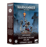 Angled Warhammer 40,000 miniature box with a blue-gray front showing an armored woman raising a flaming sword above a scenic base, with smaller figures beside her. The front reads “CELESTIAN SACRESANT AVELINE” and “1 CITADEL MINIATURE”; the left spine has a white emblem and small text.