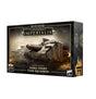 Black game box shown from the front and right side, with gold trim and artwork of armored tanks advancing through a battlefield. The front reads “LEGIONS IMPERIALIS” and “SABRE STRIKE TANK SQUADRON,” with an x8 badge.