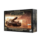 Black-and-gold miniature box shown from the front and right side, with artwork of a large tan armored tank against a fiery battlefield. The front reads “WARHAMMER THE HORUS HERESY,” “LEGIONS IMPERIALIS,” and “SHADOWSWORDS, STORMBLADES AND STORMSWORDS.”