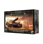 Black-and-gold miniature box shown from the front and right side, with artwork of a large tan armored tank against a fiery battlefield. The front reads “WARHAMMER THE HORUS HERESY,” “LEGIONS IMPERIALIS,” and “SHADOWSWORDS, STORMBLADES AND STORMSWORDS.”