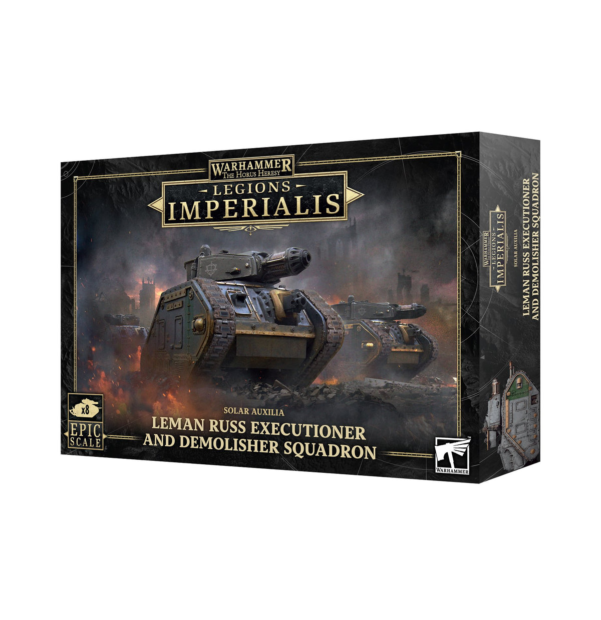 Black and gold Warhammer Legions Imperialis box shown at an angle, with the front and right side visible. The front features artwork of armored tanks in a smoky battlefield, an “x8 Epic Scale” badge, and the title “Leman Russ Executioner and Demolisher Squadron.”