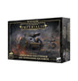 Black and gold Warhammer Legions Imperialis box shown at an angle, with the front and right side visible. The front features artwork of armored tanks in a smoky battlefield, an “x8 Epic Scale” badge, and the title “Leman Russ Executioner and Demolisher Squadron.”