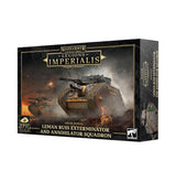 Black-and-gold Warhammer miniature box shown from the front and right side, with artwork of two armored tanks in a smoky battlefield scene. The front reads “LEGIONS IMPERIALIS” and “LEMAN RUSS EXTERMINATOR AND ANNIHILATOR SQUADRON,” with an “x8 EPIC SCALE” badge.