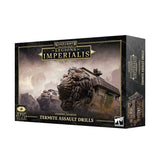 Black-and-gold Warhammer box showing armored Termite assault drills in a smoky battlefield scene on the front and a drill illustration on the right side. The front reads “LEGIONS IMPERIALIS” and “TERMITE ASSAULT DRILLS,” with an “x8” badge.