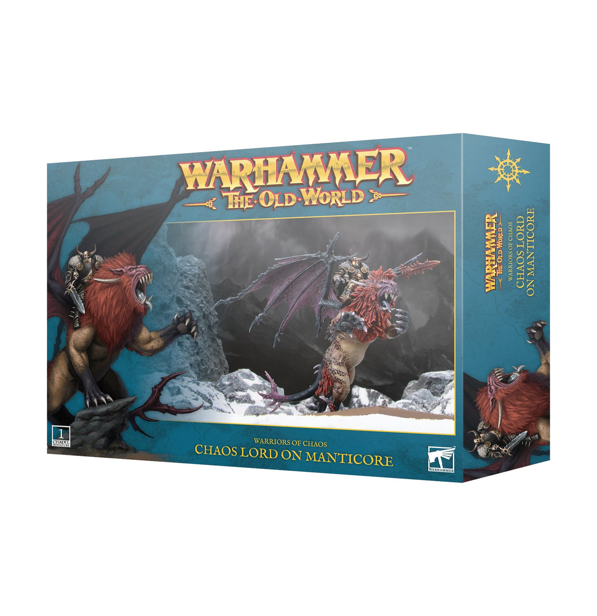 Teal-blue Warhammer: The Old World box shown from the front and right side, with artwork of an armored Chaos Lord riding a red-maned, bat-winged manticore among snowy rocks. The front reads “WARHAMMER THE OLD WORLD” and “CHAOS LORD ON MANTICORE.”
