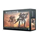Angled view of a dark green box showing two towering armored knight miniatures against an orange battlefield scene, with smaller artwork on the right side panel. The front reads “WARHAMMER THE HORUS HERESY” and “KNIGHTS BATTLE GROUP: CASTIGATOR AND ACHERON”.