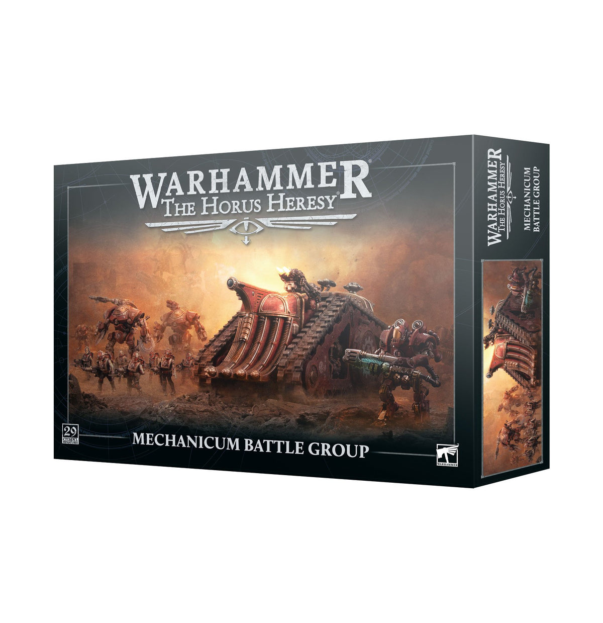 A dark rectangular Warhammer game box shown from the front and right side, with artwork of red and bronze mechanical troops and a tracked transport on a dusty battlefield. The front reads “WARHAMMER THE HORUS HERESY” and “MECHANICUM BATTLE GROUP.”