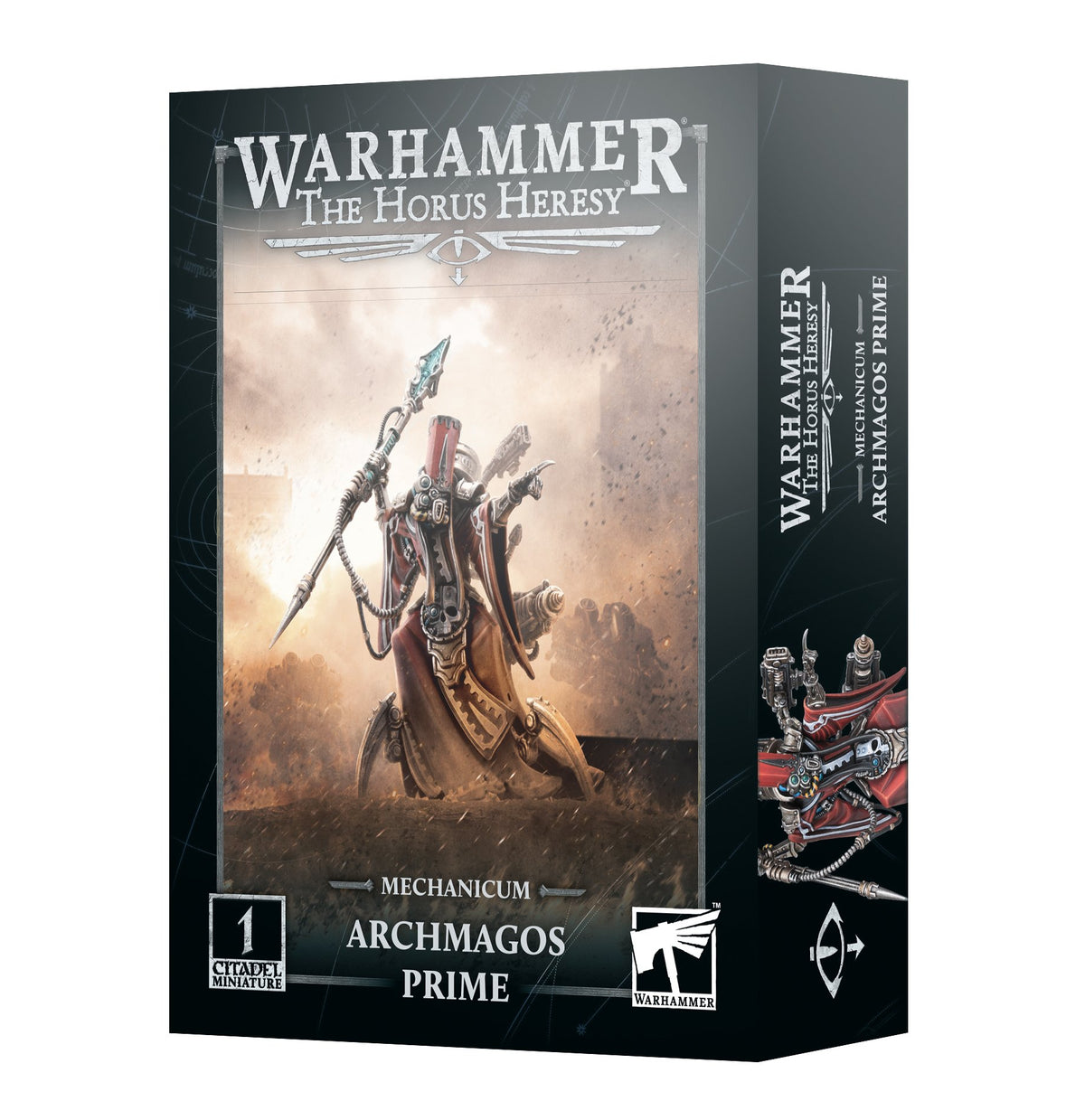 A Warhammer miniature box shown from the front and right side. The front depicts a red-robed, heavily cybernetic figure holding a long staff against a dusty battlefield, with “WARHAMMER,” “THE HORUS HERESY” and “MECHANICUM ARCHMAGOS PRIME”; the side shows a smaller image of the figure.