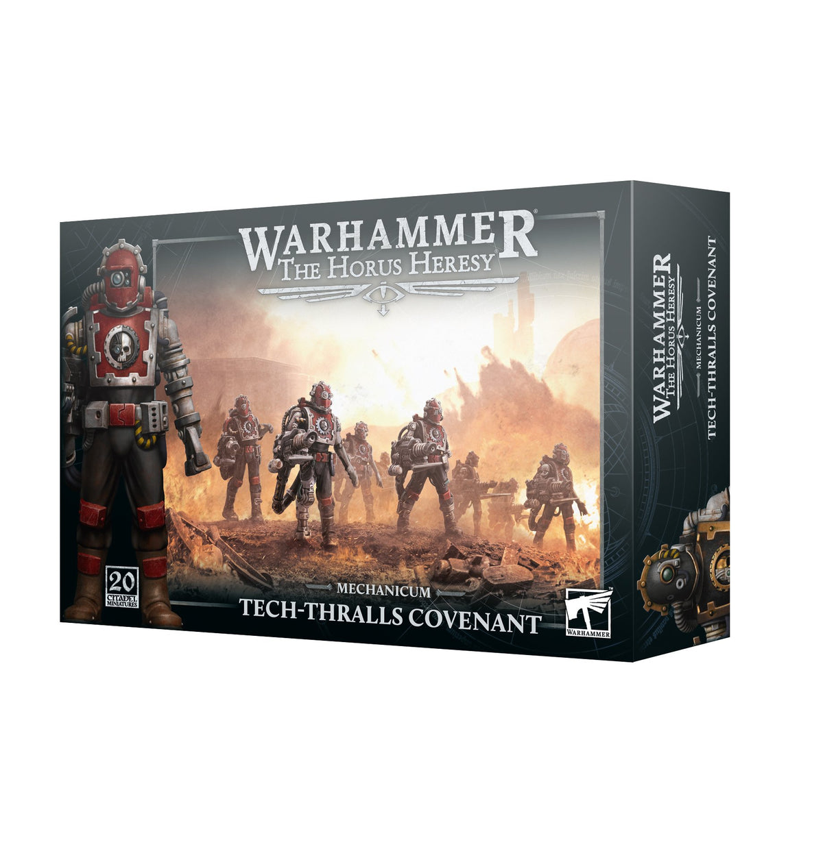 Angled box for a Warhammer: The Horus Heresy Mechanicum Tech-Thralls Covenant kit, with red and gray cybernetic soldiers marching across a smoky battlefield and a larger figure at left. The front reads “WARHAMMER,” “THE HORUS HERESY” and “TECH-THRALLS COVENANT”; the dark right side repeats the title.