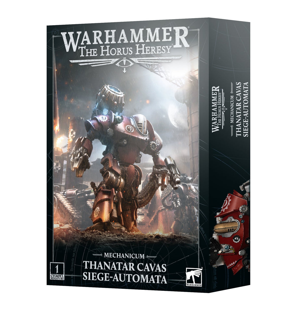 Box for the Thanatar Cavas Siege-Automata kit, with dark artwork showing a bulky bronze and red armored robot amid a battlefield; the side panel shows part of a red machine. Front text reads “WARHAMMER THE HORUS HERESY” and “THANATAR CAVAS SIEGE-AUTOMATA.”