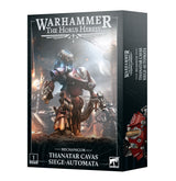 Box for the Thanatar Cavas Siege-Automata kit, with dark artwork showing a bulky bronze and red armored robot amid a battlefield; the side panel shows part of a red machine. Front text reads “WARHAMMER THE HORUS HERESY” and “THANATAR CAVAS SIEGE-AUTOMATA.”