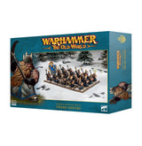 Teal Warhammer: The Old World Dwarf Miners box shown at an angle, with the front and right side visible. The front depicts a group of armed dwarf miniatures on snow beside a large illustrated dwarf; the box reads “WARHAMMER THE OLD WORLD” and “DWARF MINERS.”