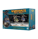 Teal Warhammer box showing three small, ornate dwarf gyrocopter miniatures: a large blue-and-gold craft in front and two smaller green and blue craft on stands. The box reads “WARHAMMER THE OLD WORLD” and “DWARFEN MOUNTAIN HOLDS DWARF GYROCOPTERS.”