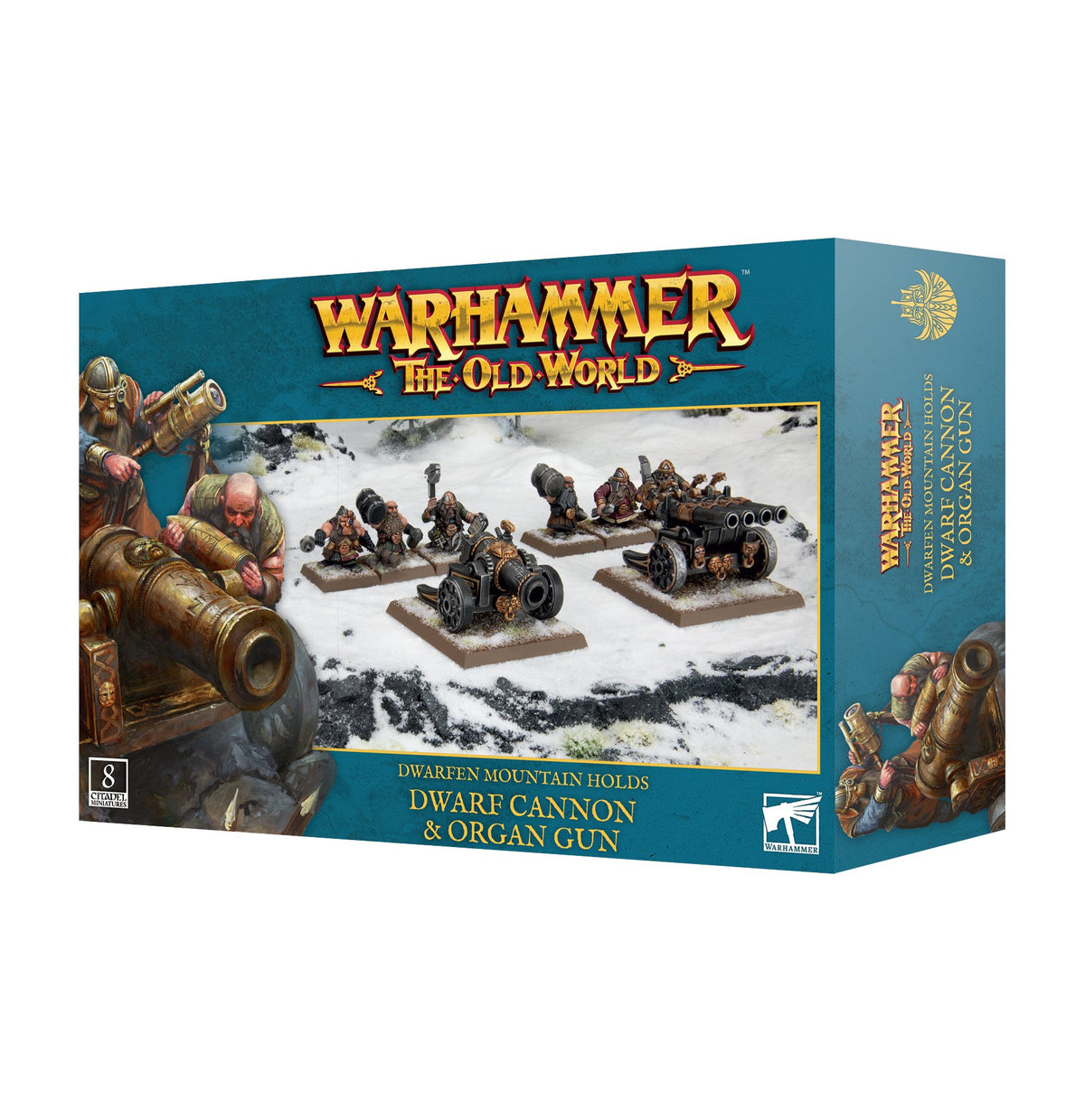 Teal Warhammer box for “Dwarfen Mountain Holds Dwarf Cannon & Organ Gun,” shown at an angle with illustrated dwarf gunners and a snowy scene of two cannon-style war machines with crews. The front reads “WARHAMMER THE OLD WORLD.”