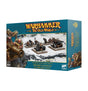Teal Warhammer box for “Dwarfen Mountain Holds Dwarf Cannon & Organ Gun,” shown at an angle with illustrated dwarf gunners and a snowy scene of two cannon-style war machines with crews. The front reads “WARHAMMER THE OLD WORLD.”