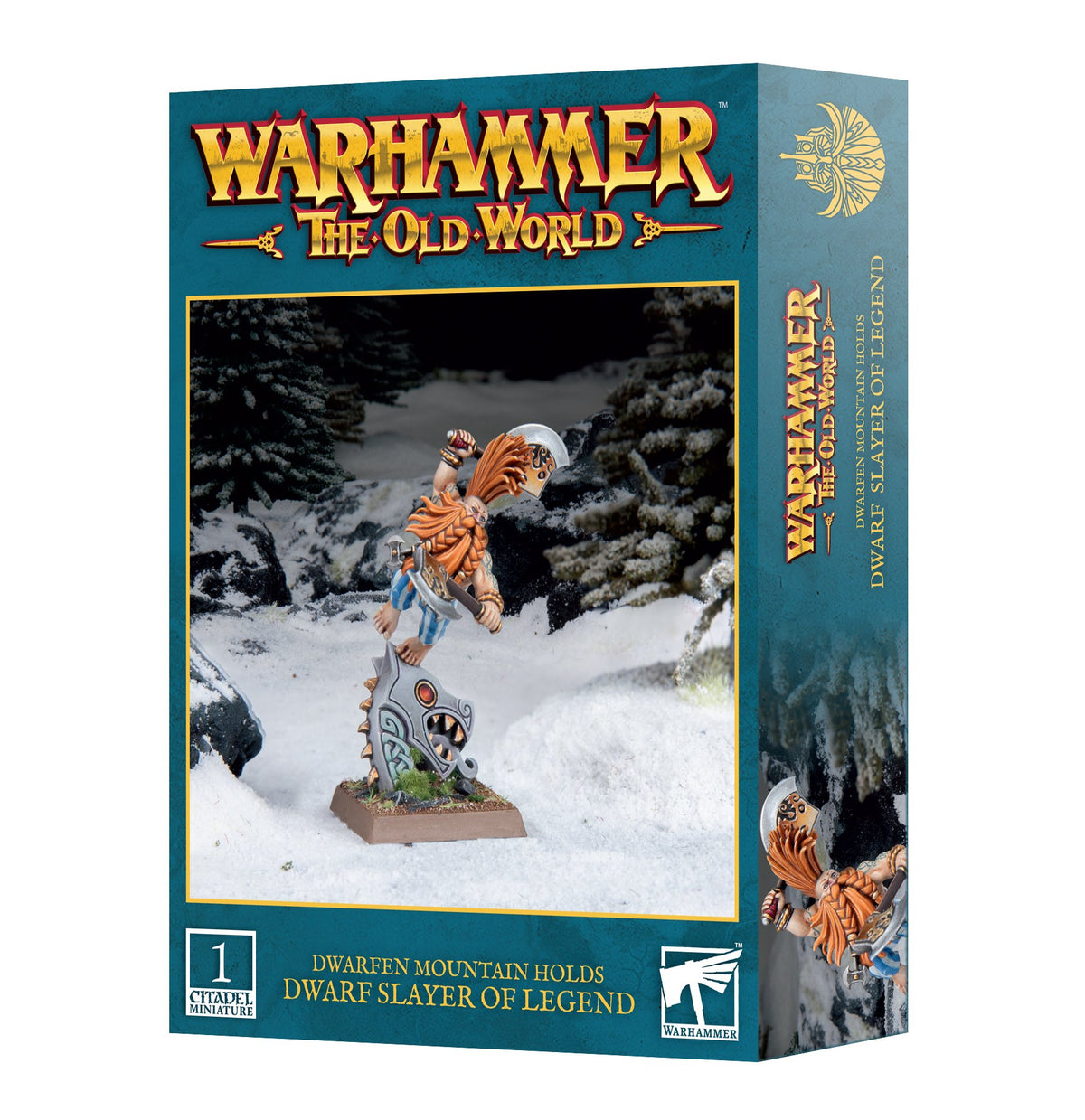 Teal box for a Dwarfen Slayer of Legend miniature, with a painted orange-haired, bearded dwarf raising an axe in a snowy forest scene. The front reads “WARHAMMER THE OLD WORLD” and “DWARFEN MOUNTAIN HOLDS DWARF SLAYER OF LEGEND”; a narrow side panel shows the title and another figure view.