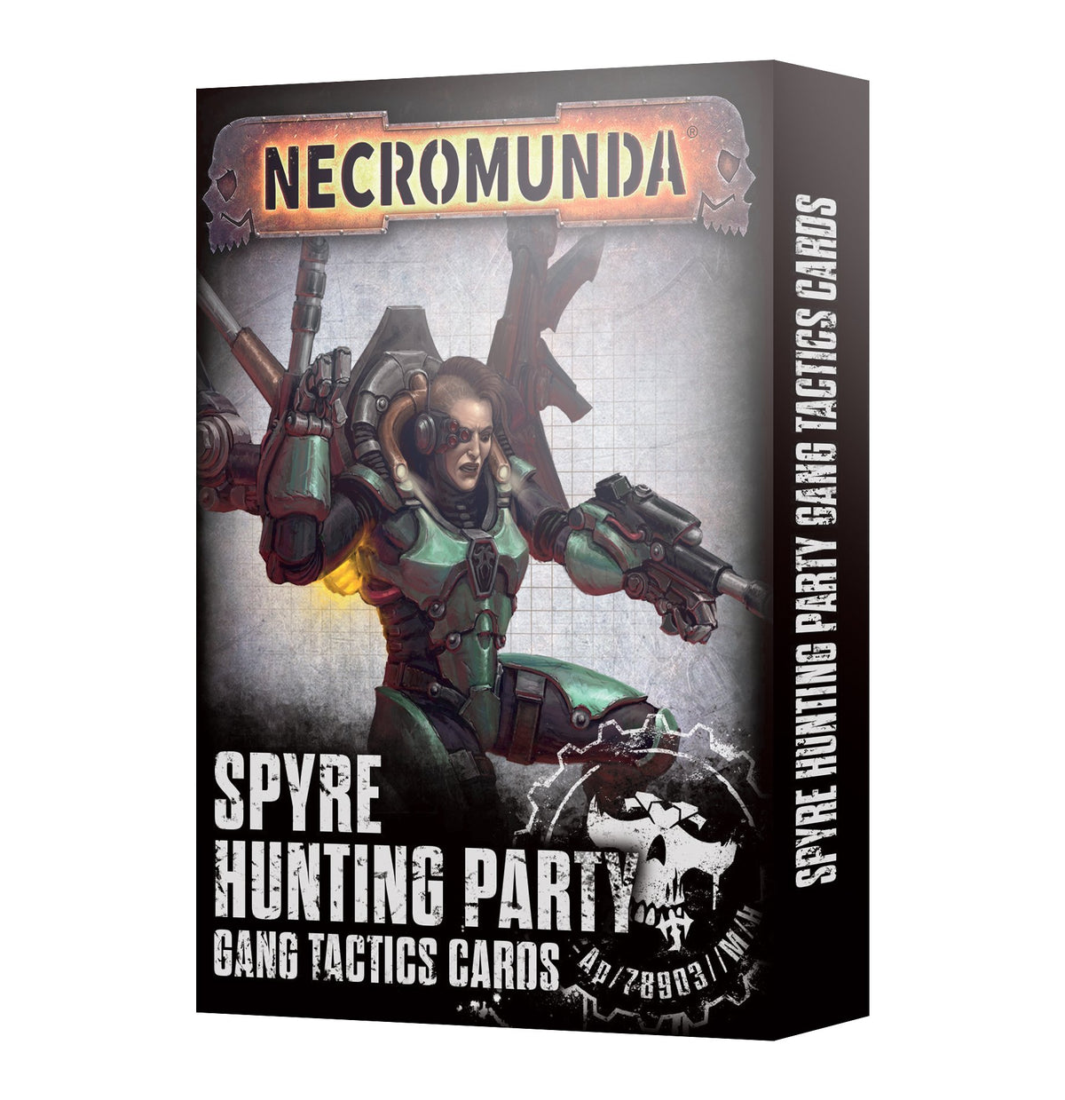 A black card box shown from the front and right side, with an illustration of a red-haired fighter in teal and dark armor holding weapons. The front reads “NECROMUNDA” and “SPYRE HUNTING PARTY GANG TACTICS CARDS”; the spine repeats the card set title.